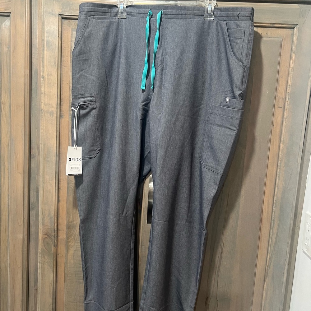 Figs Charcoal Cargo Pants with Aqua Drawstring